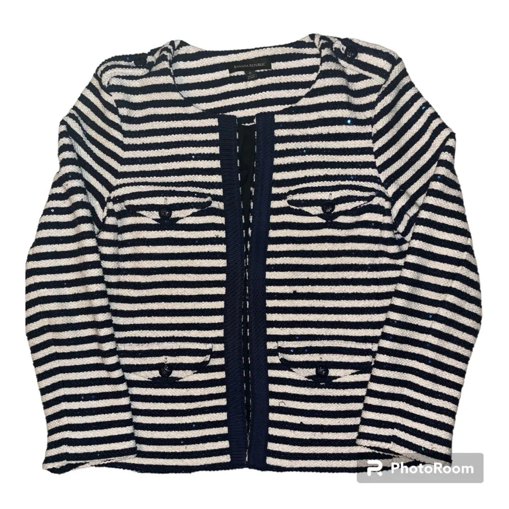 Banana Republic Women’s Size 6 Knit Jacket Striped Navy Blue And Cream Sequin - Picture 1 of 4